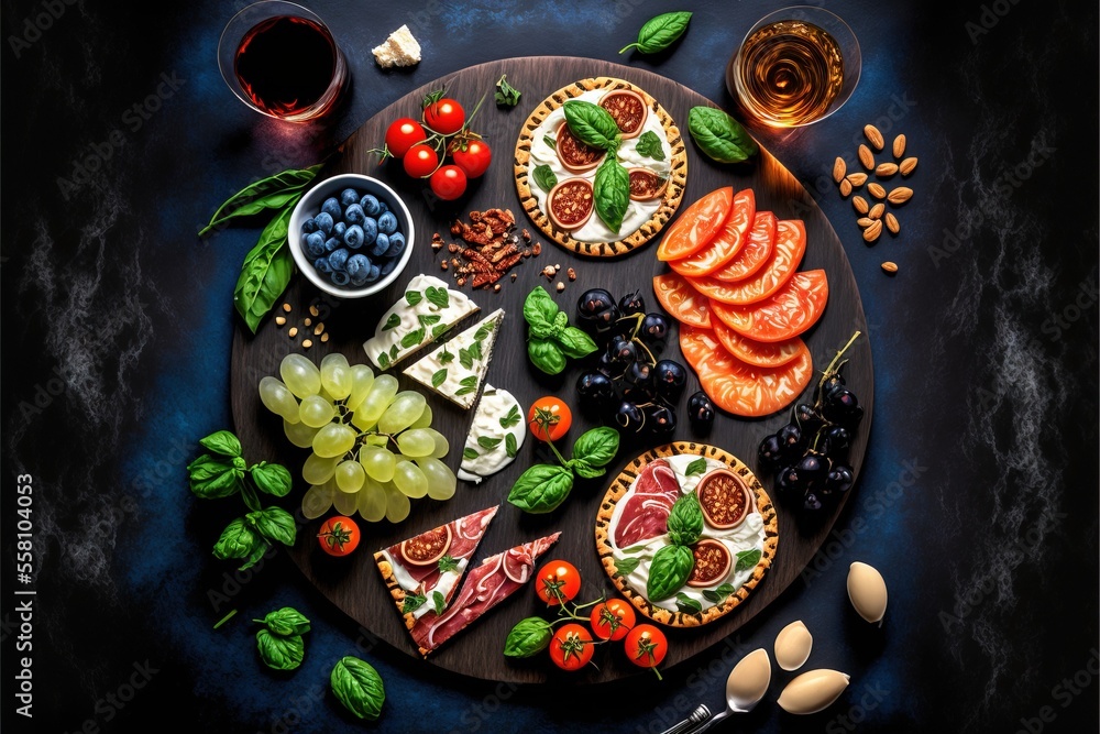 a platter of assorted meats and vegetables on a dark surface with a spoon and a glass of wine on the side of the platter is surrounded by olives. a platter of assorted meats and vegetables on a dark surface with a spoon and a glass of wine on the side of the platter is surrounded by olives.