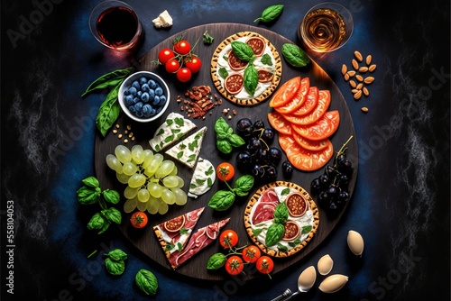 a platter of assorted meats and vegetables on a dark surface with a spoon and a glass of wine on the side of the platter is surrounded by olives.