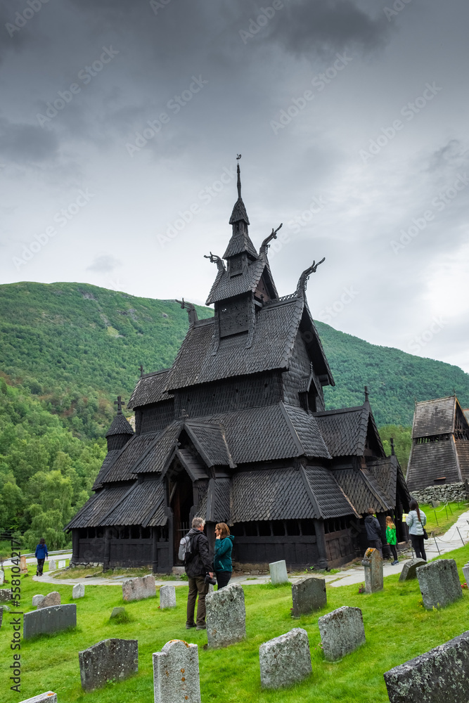 The ancient wooden church of Borgund, stavkirke more than 800 years old, Norway