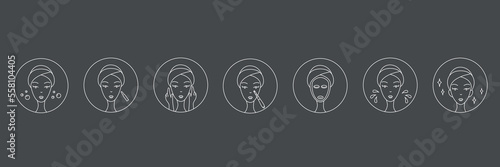 How to use derma roller, dermapen or mesopen line icon for face treatment guide. Vector stock illustration isolated on black chalkboard background. Editable stroke.  photo