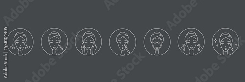 How to use derma roller, dermapen or mesopen line icon for face treatment guide. Vector stock illustration isolated on black chalkboard background. Editable stroke. 