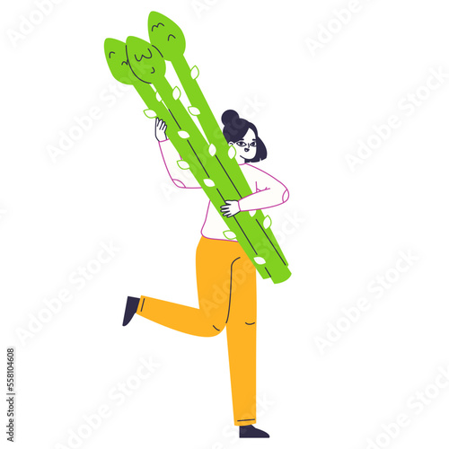 Woman carrying asparagus. Tiny female character with vegetarian healthy food, girl women holding huge sparrowgrass flat vector illustration on white background