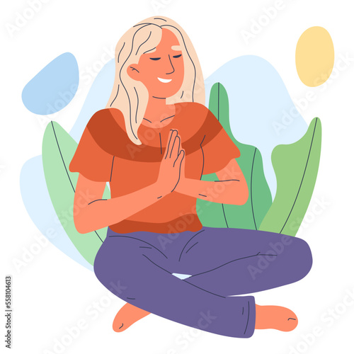 Woman meditating in lotus pose. Relaxing yoga meditation, mindful female person breath and balance training flat vector illustration on white background