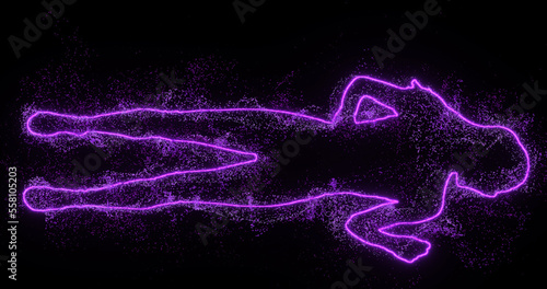 Glowing silhouette of a dancing woman. Violet particles circle in space. Neon light. 3d render, abstract.