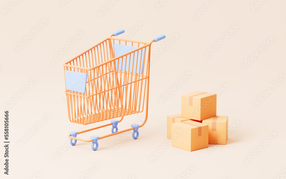 Shopping cart ans boxes in the yellow background, Shopping theme, 3d rendering.