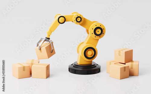 Mechanical arms carry boxes, Assembly line and mechanical operation, 3d rendering.