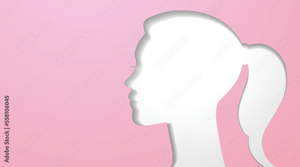 Woman profile portrait paper cut banner vector illustration with copy space. 8 march international women's day banner.