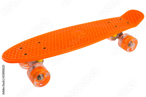 Orange skateboard with transparent silicone wheels, side view, isolate