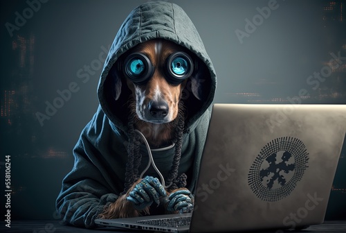 illustration of a dog wearing fashion costume or disguise as hacker or content creator, theme with blur background photo