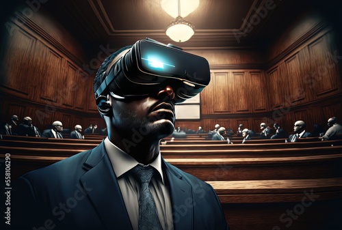 illustration of a black lawyer  wearing virtual reality helmet during the preliminary hearing process photo