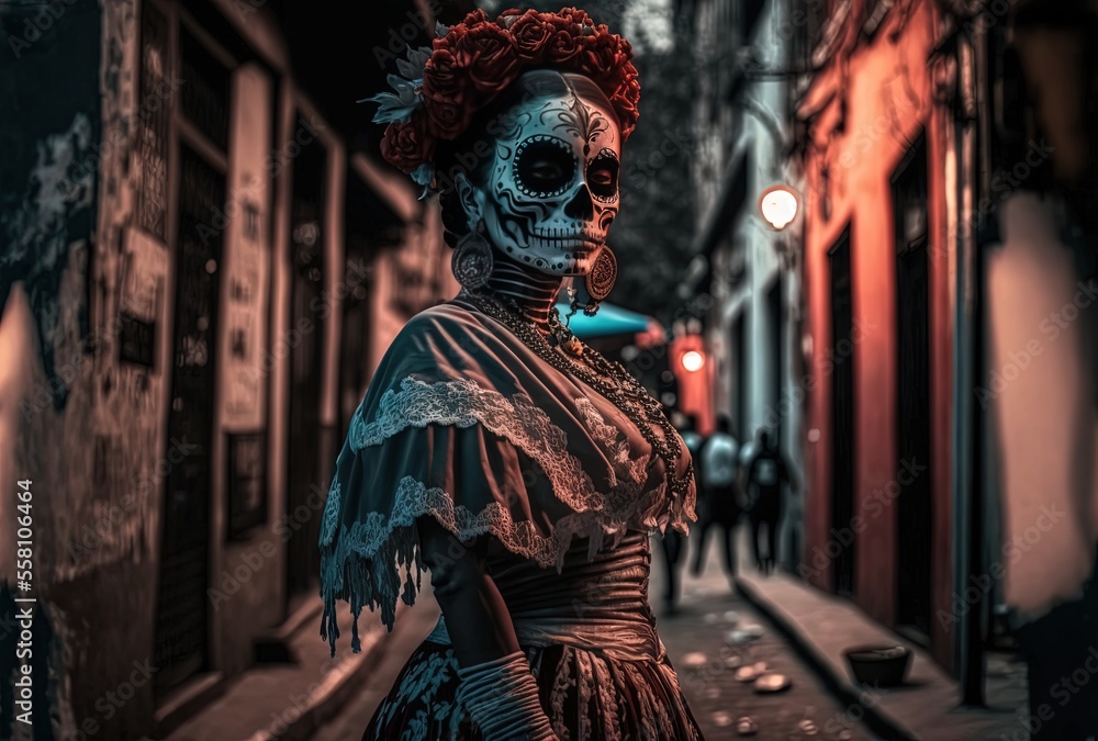 illustration of a woman wear make up and dress in skull , Day of the Dead or Día de los Muertos