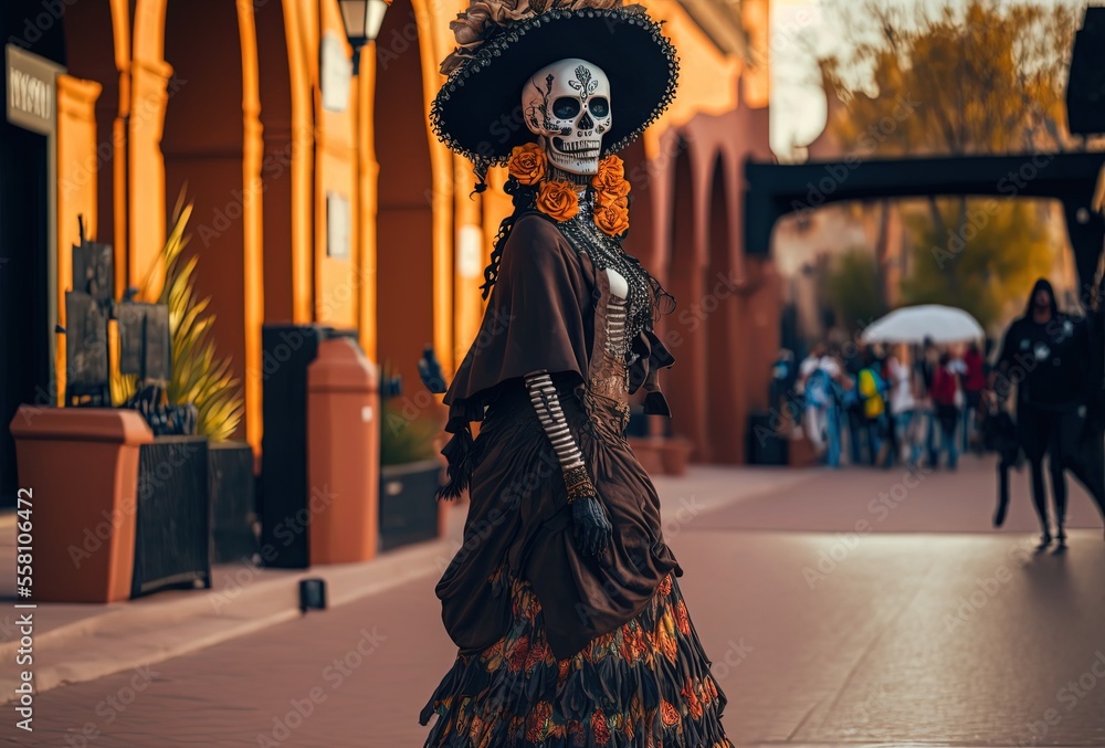 Naklejka premium illustration of a woman wear make up and dress in skull , Day of the Dead or Día de los Muertos 