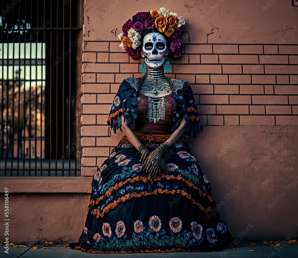 illustration of a woman wear make up and dress in skull , Day of the Dead or Día de los Muertos	
