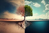 illustration of a tree half drought half green, idea for environmental preservation theme 