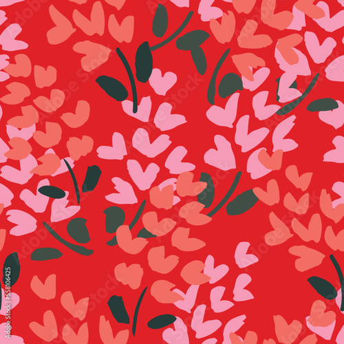 Dense floral crush garden with heart flowers. Lovely pattern in coral, pink and green on red background. Great for home decor, fabric, wallpaper, gift-wrap, stationery, and design projects.
