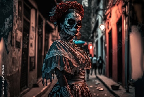 illustration of a woman wear make up and dress in skull , Day of the Dead or Día de los Muertos