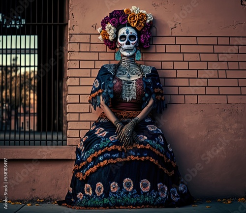 illustration of a woman wear make up and dress in skull , Day of the Dead or Día de los Muertos 