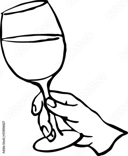 Hand holding glass of wine to cheers and celebrate Christmas, New Year, birthday, wedding. Hand drawn illustration, decorative element for winery, bar, restaurant. Cartoon style line vector drawing.