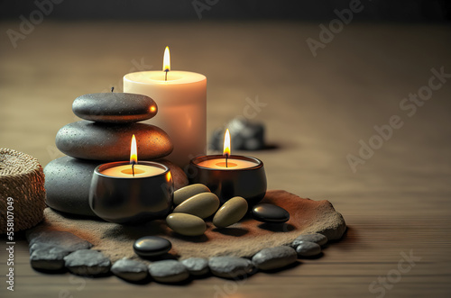 Candles and black hot stone on wooden background. Hot stone massage setting lit by candles. Massage therapy for one person with candle light. Beauty spa treatment and relax concept. Generative AI