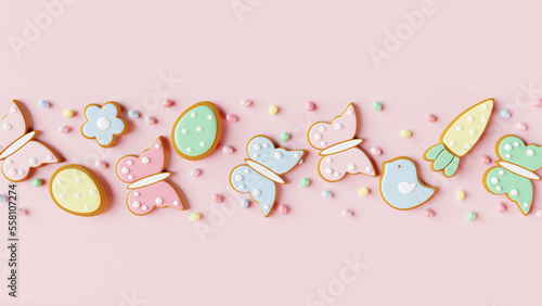 Easter butterfly gingerbread cookies with egg candies on pink background. 3D render