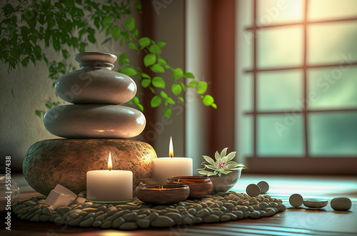 Candles and black hot stone on wooden background. Hot stone massage setting lit by candles. Massage therapy for one person with candle light. Beauty spa treatment and relax concept. Generative AI