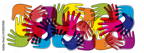Abstract colorful crossed hands, vector drawing for banner