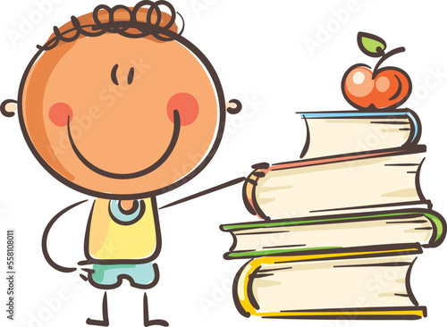 Cartoon happy boy standing with books, isolated on white