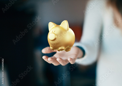 Women's hands carefully hold the piggy bank to preserve wealth, savings and financial success.