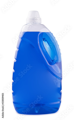 Blue liquid soap or detergent in a plastic bottle