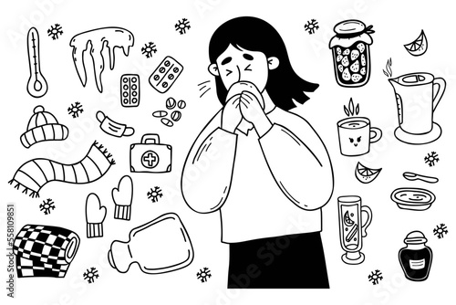 Collection doodles seasonal cold and cure. Sick woman sneezes into handkerchief. Nearby are pills, first aid kit, hat, gloves, jam, kettle, blanket and heating pad. Isolated vector linear drawings.