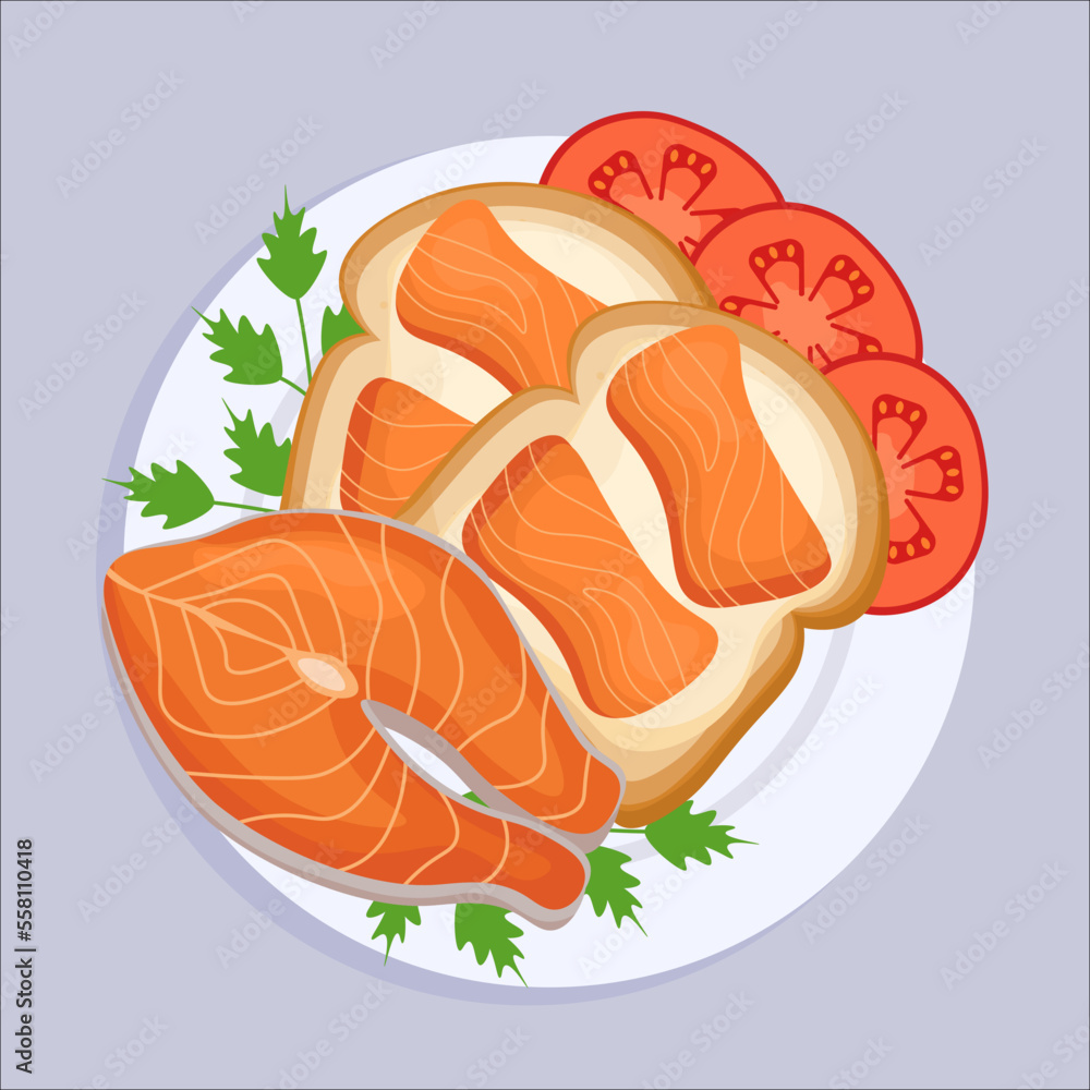 Fototapeta premium Healthy food. Breakfast toast with salmon. flat style