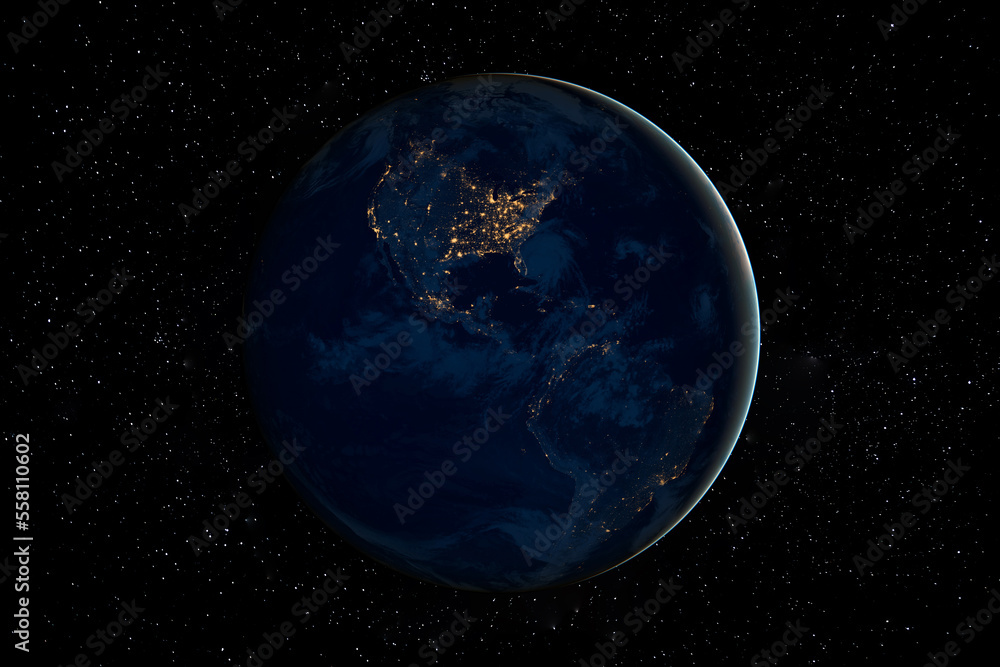 Planet Earth at dark night in Space surrounded by Stars. This image elements furnished by NASA.