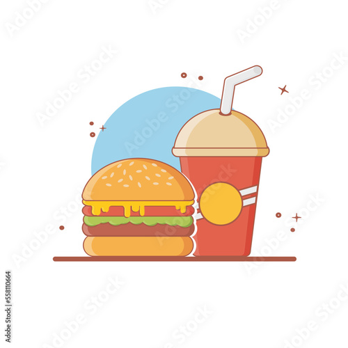 Hamburger and soft drink cup, fast food icon, flat design on white background. Vector illustration of
hamburger and soft drink cup with color fill. Fast food icon. Menu book design.