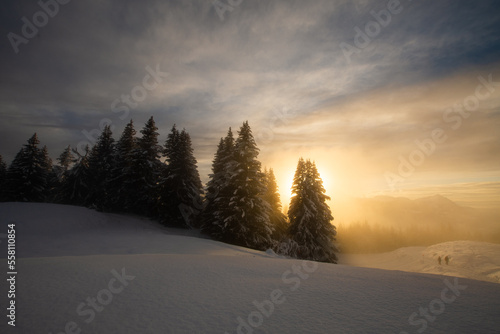 Paysage de montagne en hiver au coucher du soleil