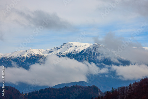 Beautiful landscape with the Bucegi mountains in Romania with the ridges covered with snow. © czamfir