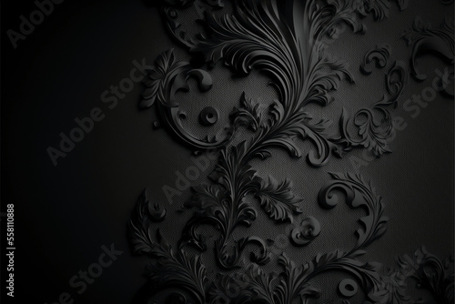 Black wallpaper background with ornaments. Generative AI.
