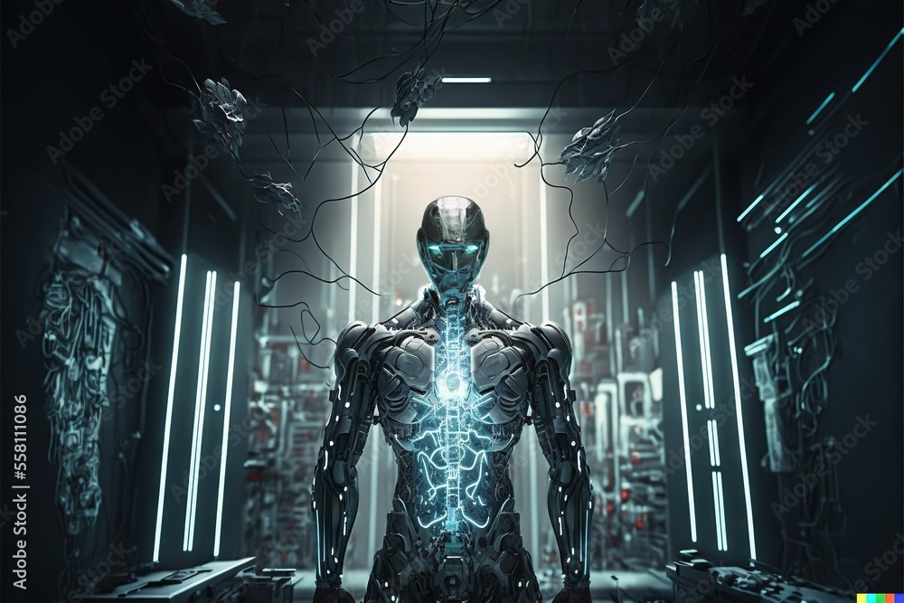 Cyborg are being created in a futuristic laboratory, created with Generative AI technology