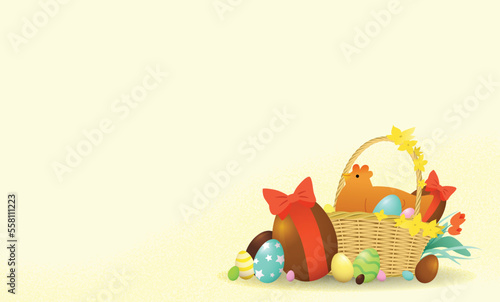 Cute chicken in a wicker basket with Easter chocolate eggs. Easter day flat vector illustration banner with copy space.