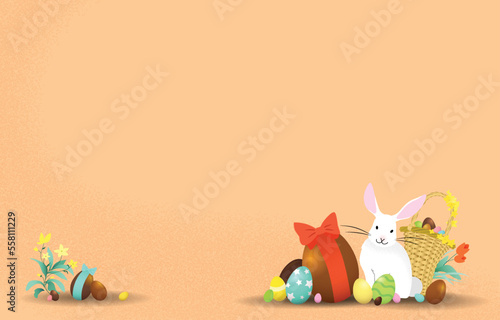 Happy Easter celebration vector illustration banner. Cute easter rabbit with a wicker basket full of eggs. White bunny with colorful chocolate easter eggs.