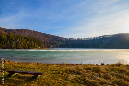 Beautiful landscape with St. Ana Lake in Romania, volcanic lake in December.