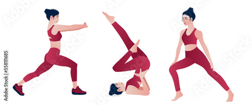 Active sporty girls vector set. Do yoga at home, stay at home and exercise. Women'S yoga. Vector Illustration 