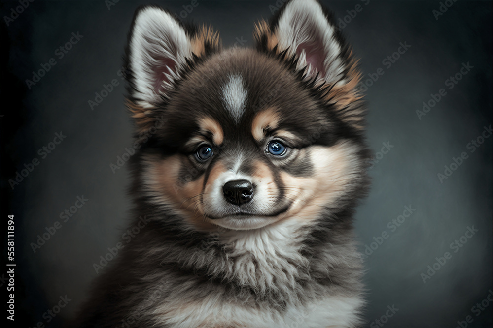 Pomsky puppy portrait, breed of dog, hybrid of the Pomeranian and the Siberian Husky. Generative AI. 