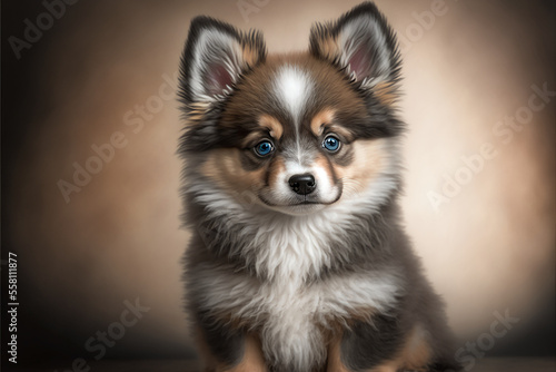 Pomsky portrait  breed of dog  hybrid of the Pomeranian and the Siberian Husky. Generative AI. 