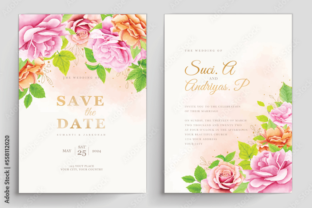 elegant wedding card with watercolor floral roses design