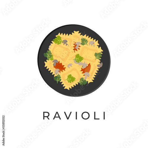 Logo Illustration Of Ravioli Pasta With Tomato Sauce And Cheese On A Black Plate