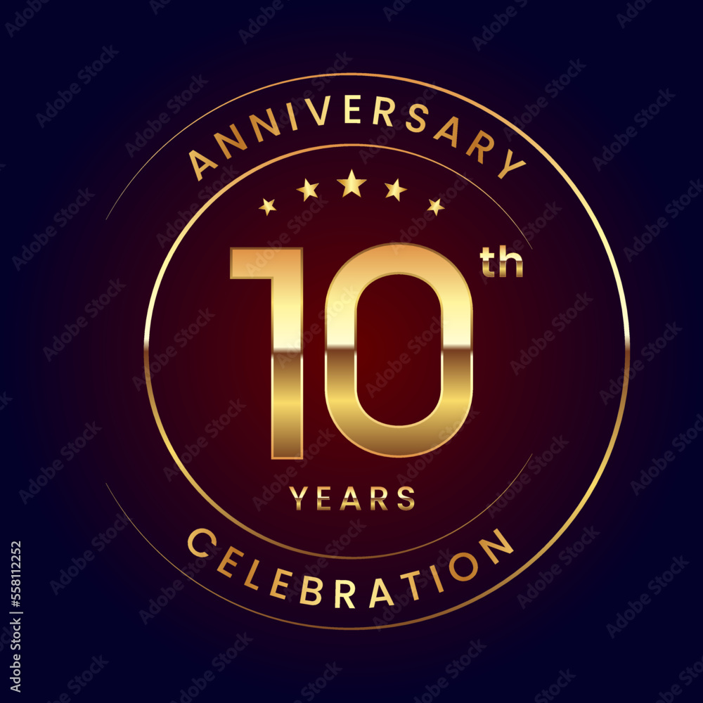 10th Anniversary. A luxurious and simple logo design with gold color ring and text for an anniversary celebration event. Logo Vector Illustration 10th Anniversary. A luxurious and simple logo design with gold color ring and text for an anniversary celebration event. Logo Vector Illustration