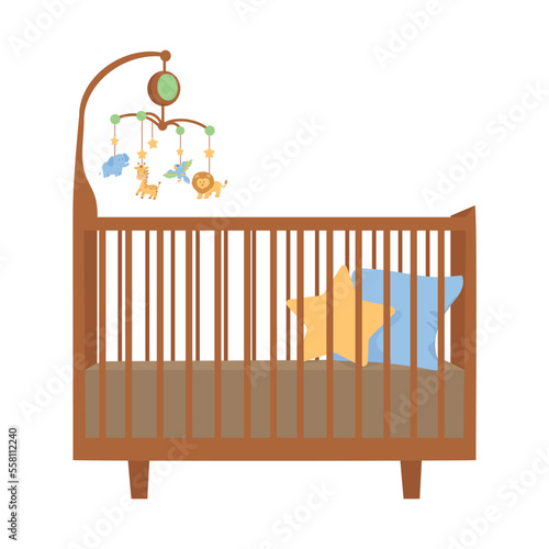 Baby crib with hanging toys. Cradle bed with pillow.Time for sleep. Baby shower
