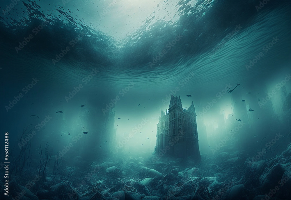An abstract background of a city underwater due to rising sea levels ...