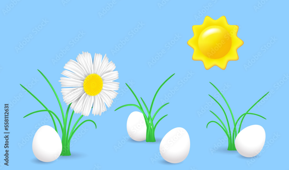 Spring landscape with big chamomile, green grass and white eggs. Easter background Spring landscape with big chamomile, green grass and white eggs. Easter background