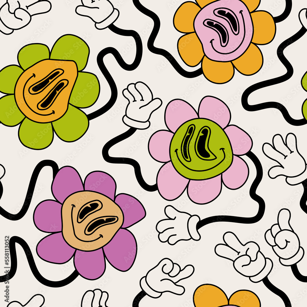 Abstract smiling flower face seamless pattern in 70s hippie style. Abstract smiling flower face seamless pattern in 70s hippie style.
